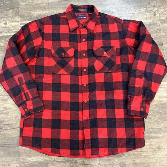 Vintage Van Heusen Winter weights Red Plaid Flannel Shirt Jacket Men XL Lined - Picture 2 of 10